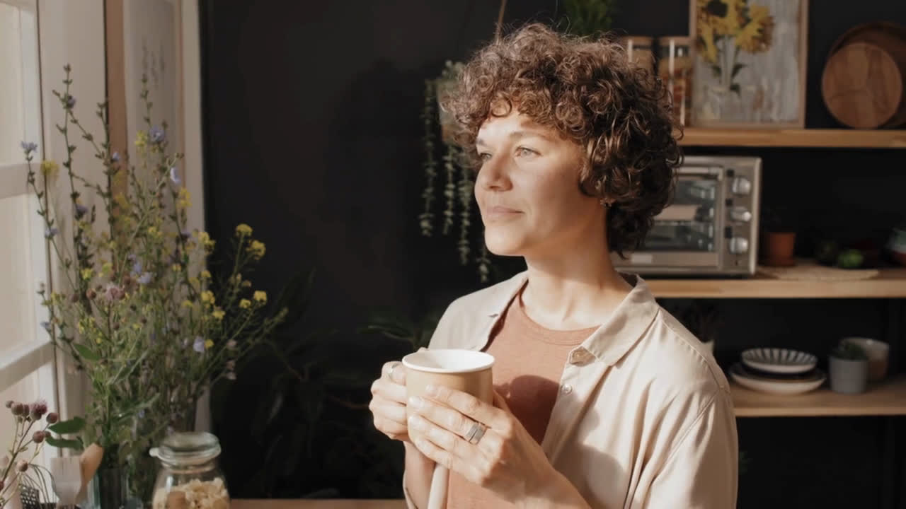 Kinderopvangondernemer met een kop koffie bij het raam